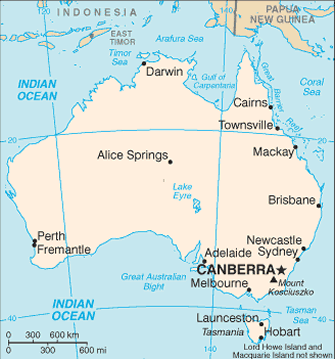 Map of Australia description: Oceania, continent between the Indian Ocean 