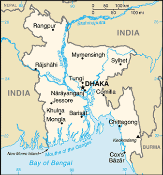 Map of Bangladesh description: Southern Asia, bordering the Bay of Bengal, 