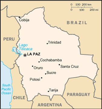 Map of Bolivia description: Central South America, southwest of Brazil
