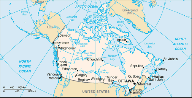 Map of Canada description: Northern North America, bordering the North 