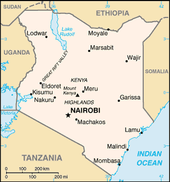 Map of Kenya description: Eastern Africa, bordering the Indian Ocean, 
