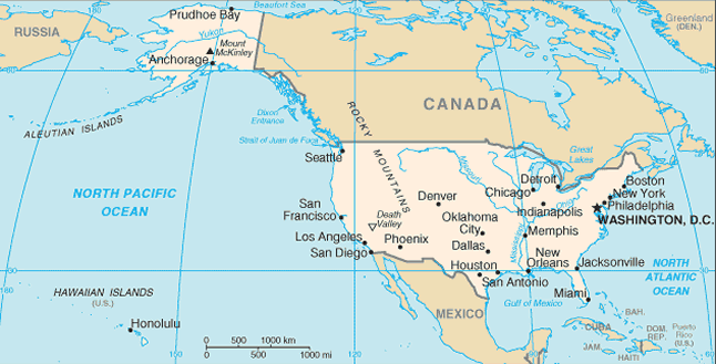 Map of United States description: North America, bordering both the North 